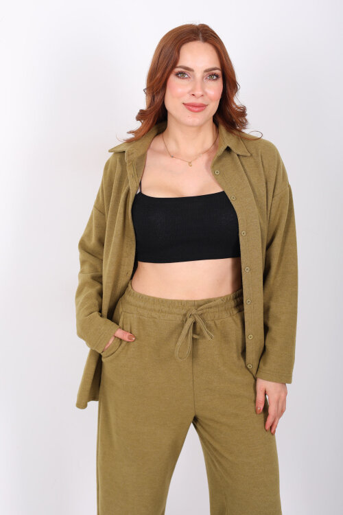 Düğmeli Bol Paça Yeşil Kadın Selanik Takım - 6