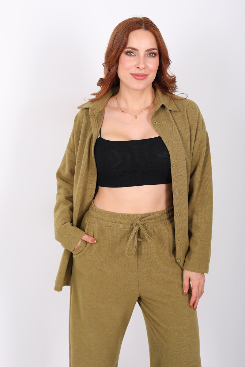 Düğmeli Bol Paça Yeşil Kadın Selanik Takım - 6