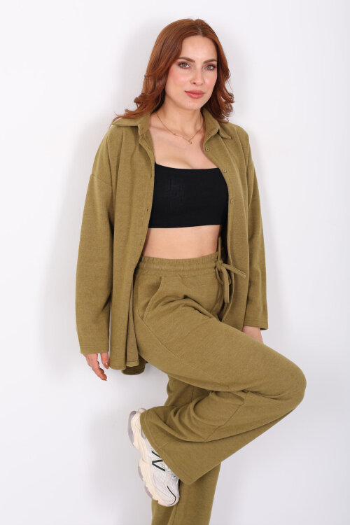 Düğmeli Bol Paça Yeşil Kadın Selanik Takım - 3