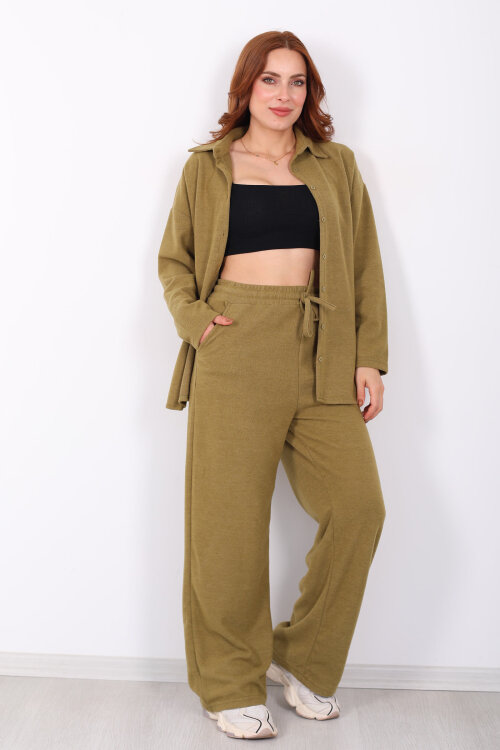 Düğmeli Bol Paça Yeşil Kadın Selanik Takım - Berox