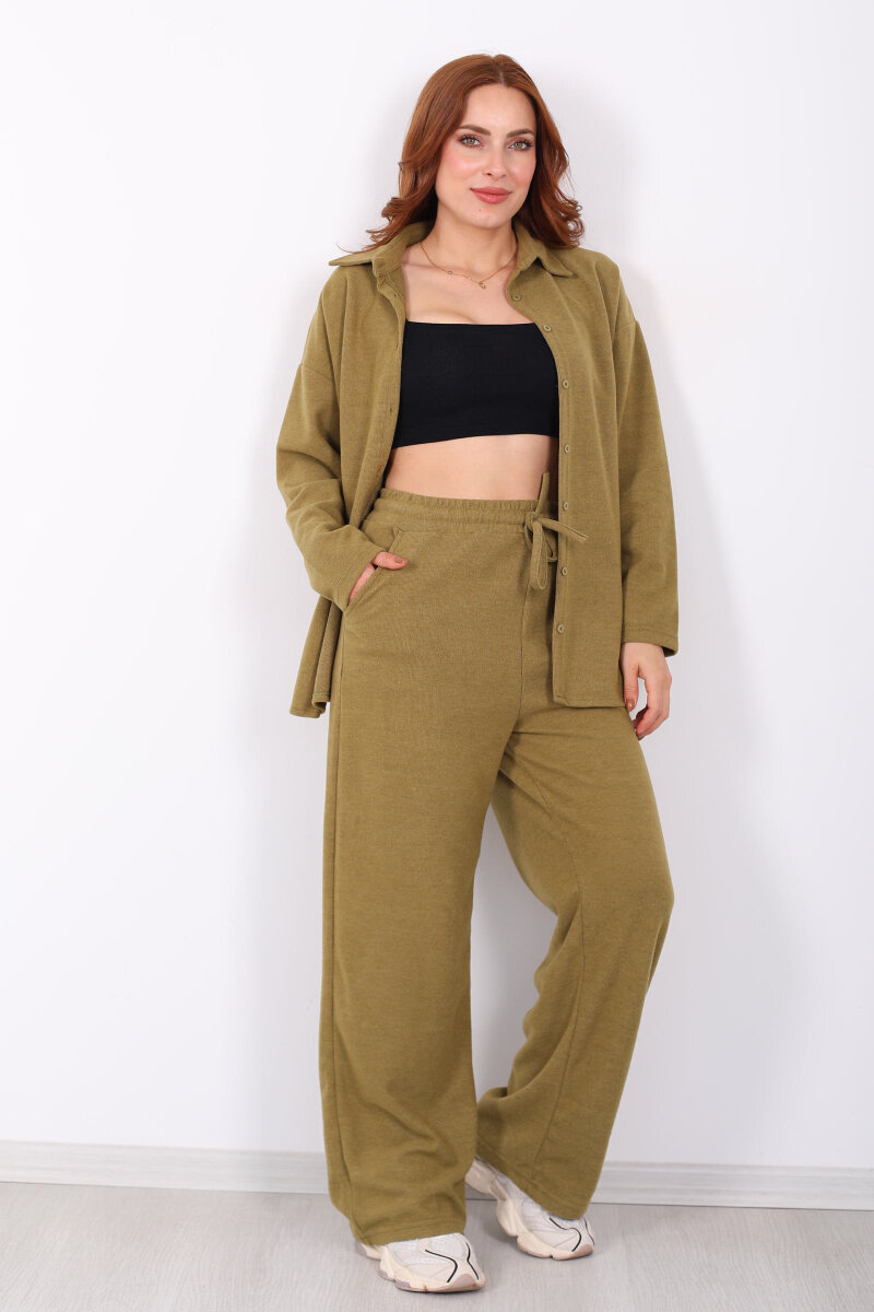 Düğmeli Bol Paça Yeşil Kadın Selanik Takım - 1