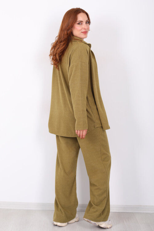 Düğmeli Bol Paça Yeşil Kadın Selanik Takım - 5