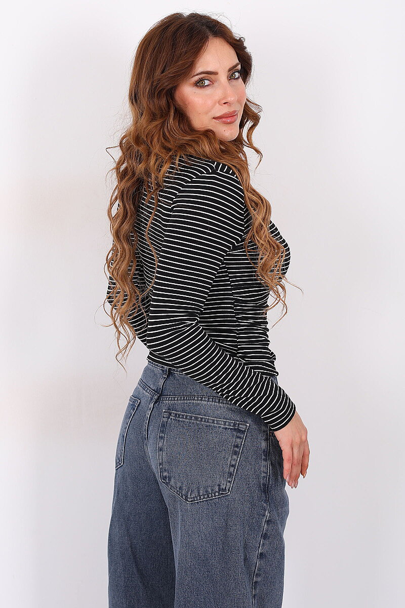 Düğmeli Çizgili V Yaka Siyah Kadın Body - 5