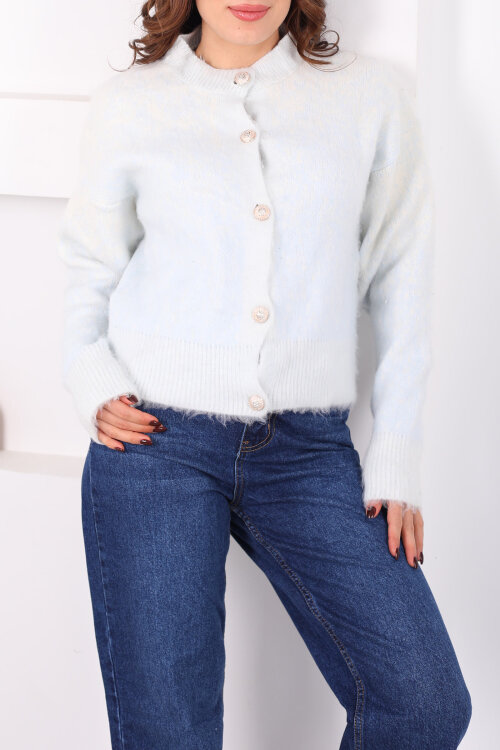 Düğmeli Desenli Bebe Mavisi Kadın Triko Ceket - Berox (1)