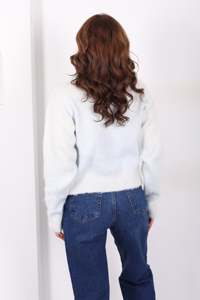 Düğmeli Desenli Bebe Mavisi Kadın Triko Ceket - 5