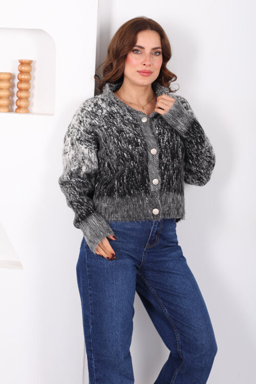 Düğmeli Desenli Füme Kadın Triko Ceket - 3