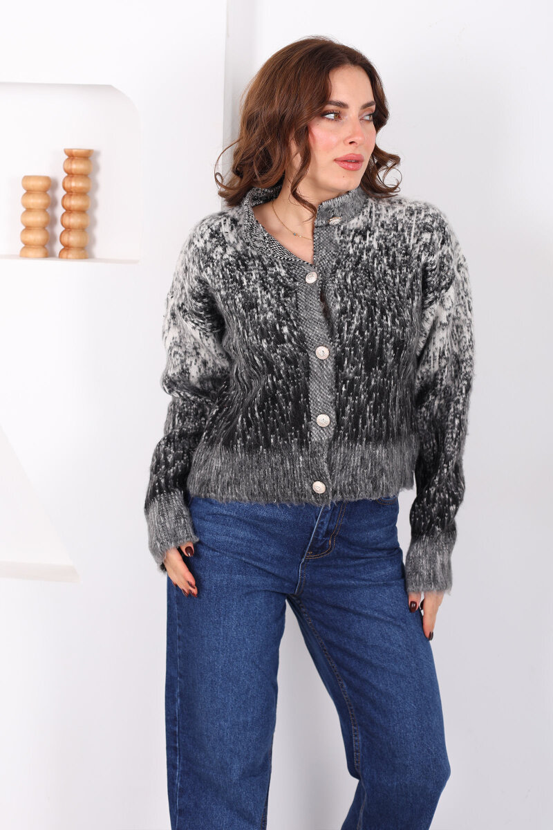Düğmeli Desenli Füme Kadın Triko Ceket - 5