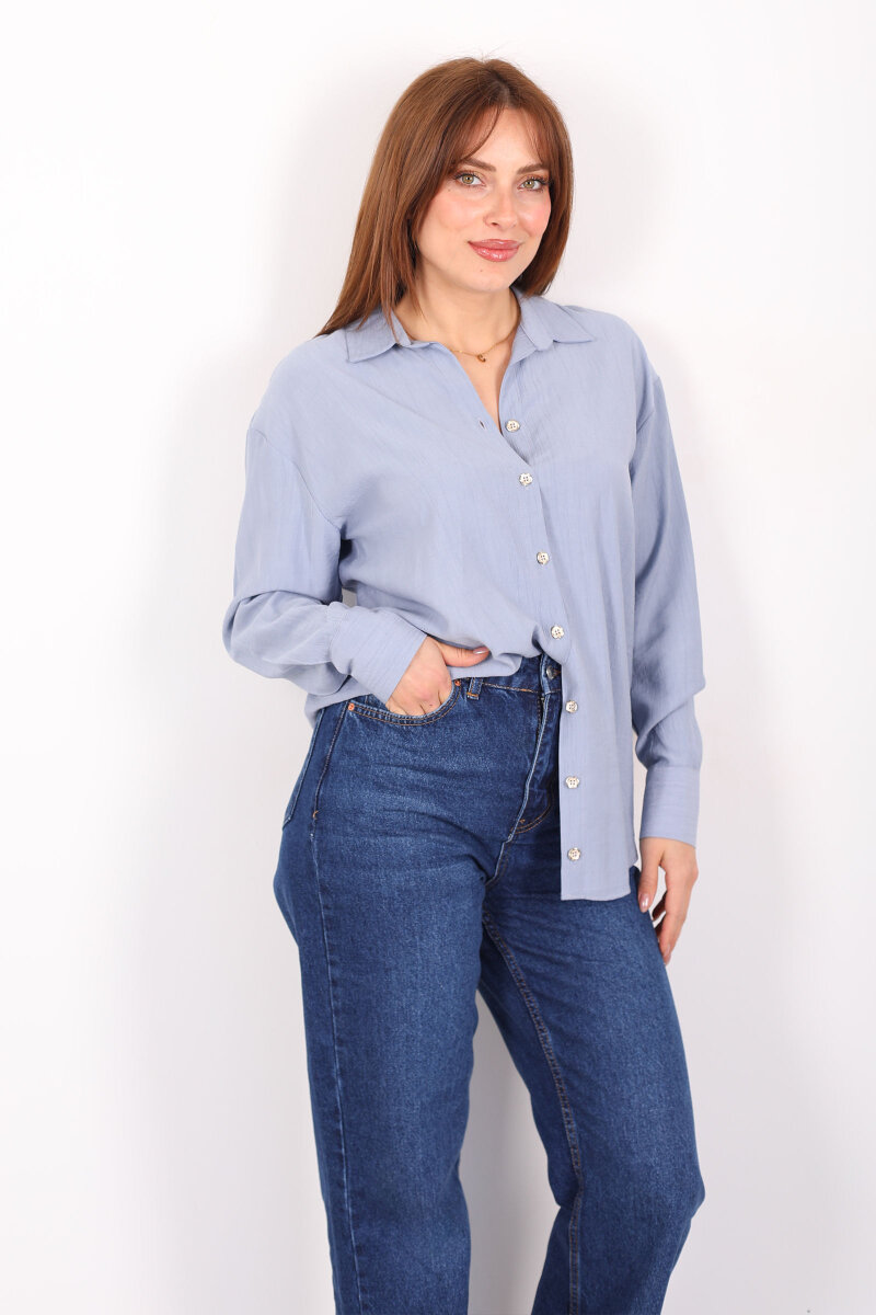 Düğmeli Dokulu Bebe Mavi Kadın Oversize Gömlek - 3