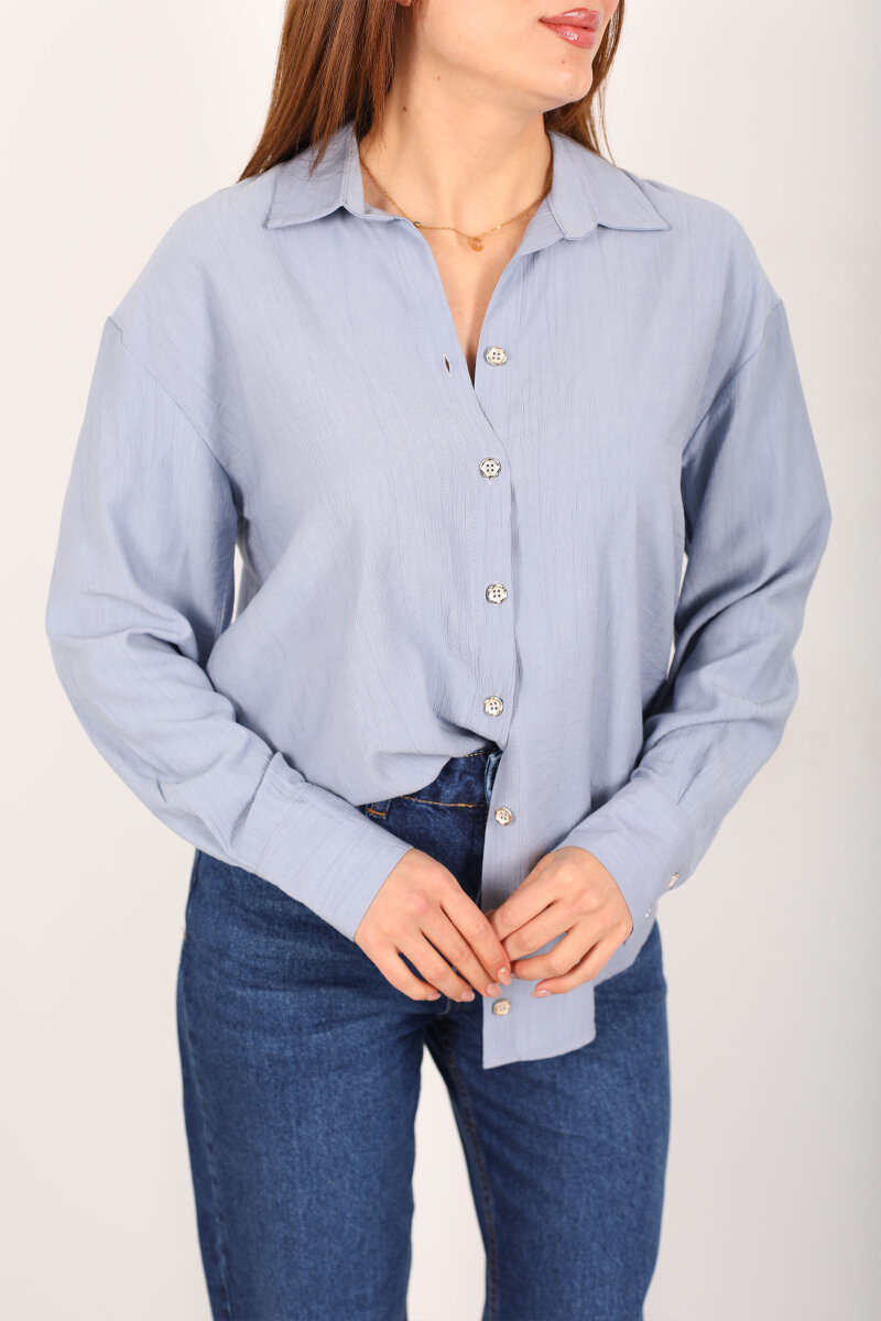 Düğmeli Dokulu Bebe Mavi Kadın Oversize Gömlek - 2