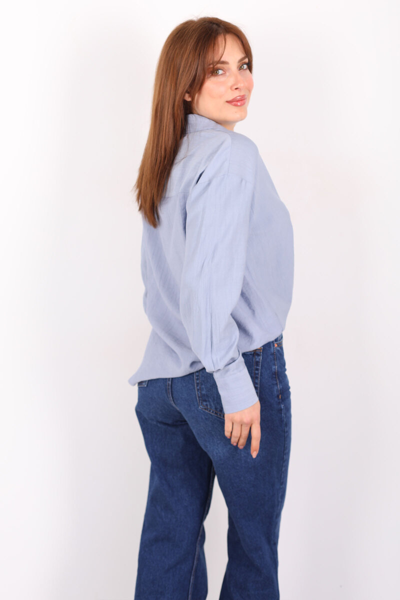 Düğmeli Dokulu Bebe Mavi Kadın Oversize Gömlek - 5