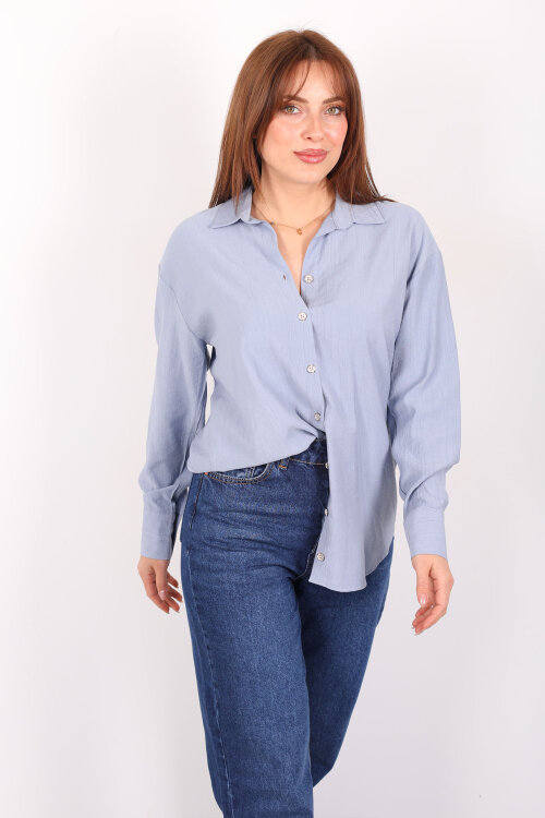 Düğmeli Dokulu Bebe Mavi Kadın Oversize Gömlek - 6