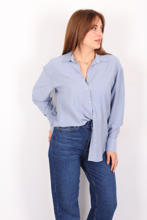 Düğmeli Dokulu Bebe Mavi Kadın Oversize Gömlek - 4