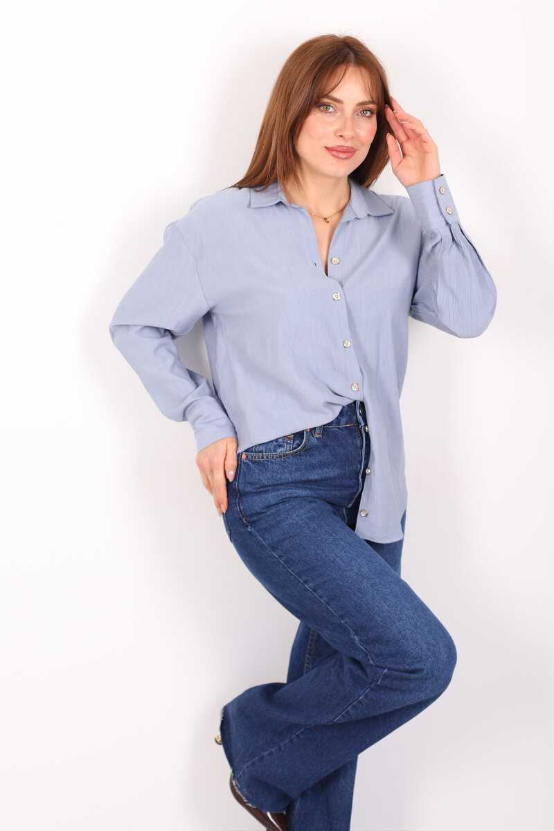 Düğmeli Dokulu Bebe Mavi Kadın Oversize Gömlek - 1