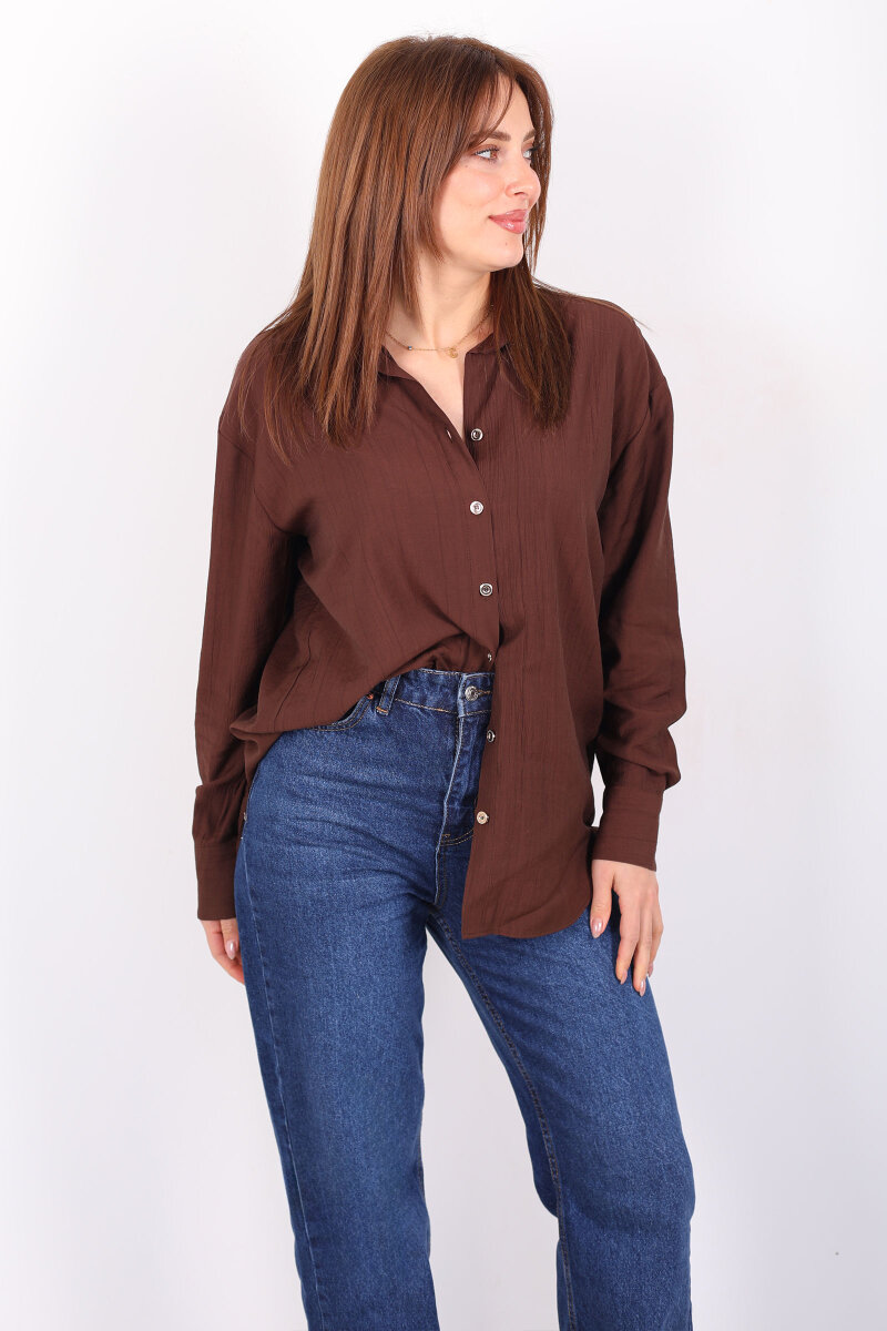 Düğmeli Dokulu Kahverengi Kadın Oversize Gömlek - 3