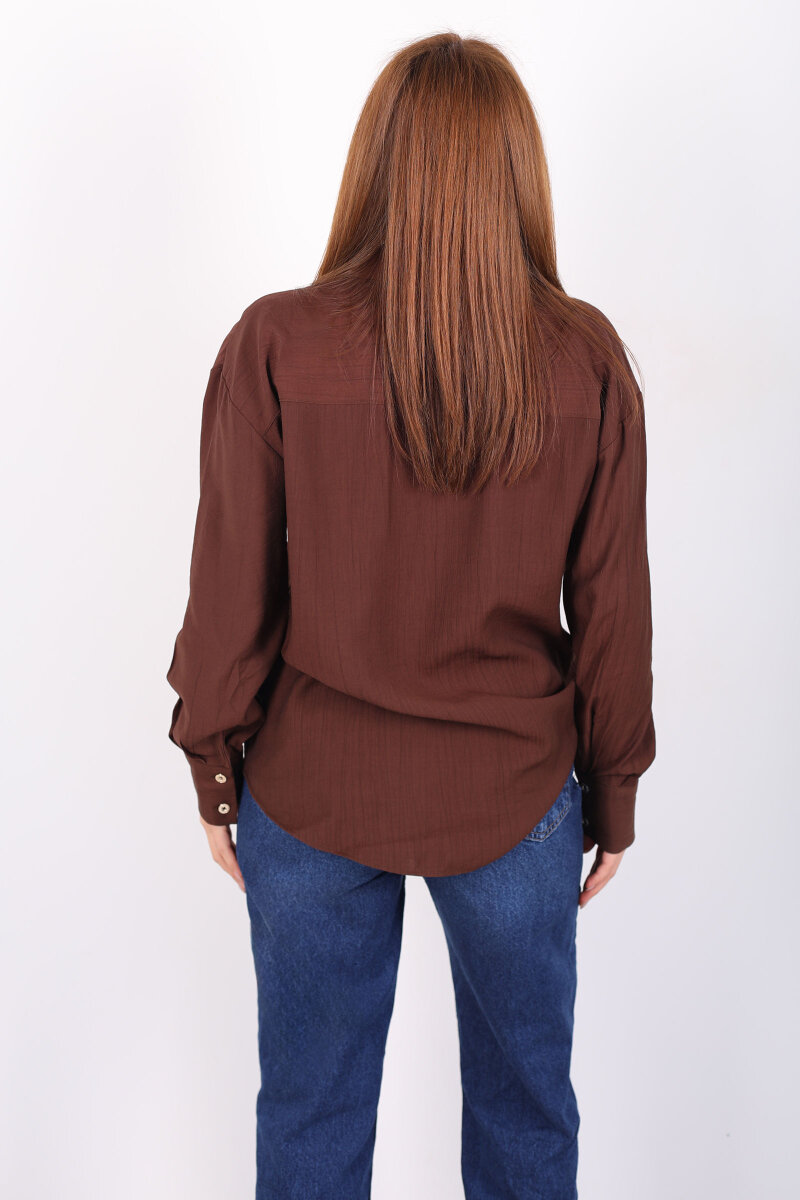 Düğmeli Dokulu Kahverengi Kadın Oversize Gömlek - 5