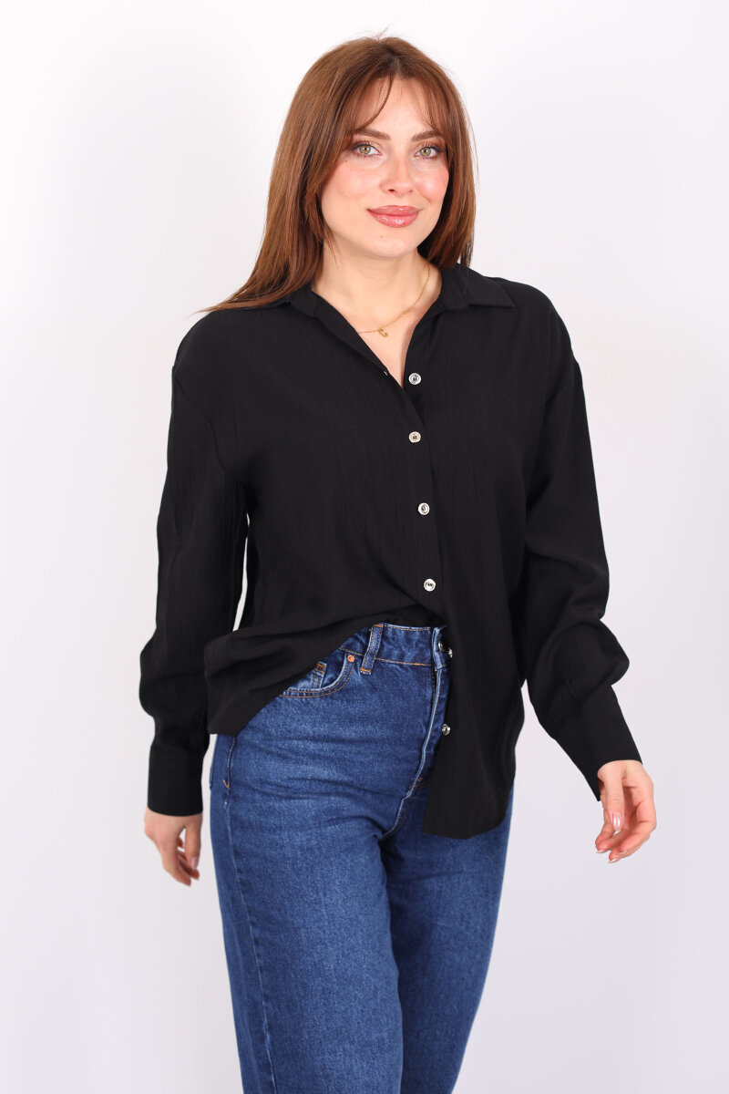 Düğmeli Dokulu Siyah Kadın Oversize Gömlek - 3