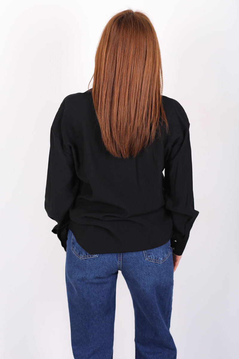 Düğmeli Dokulu Siyah Kadın Oversize Gömlek - 5