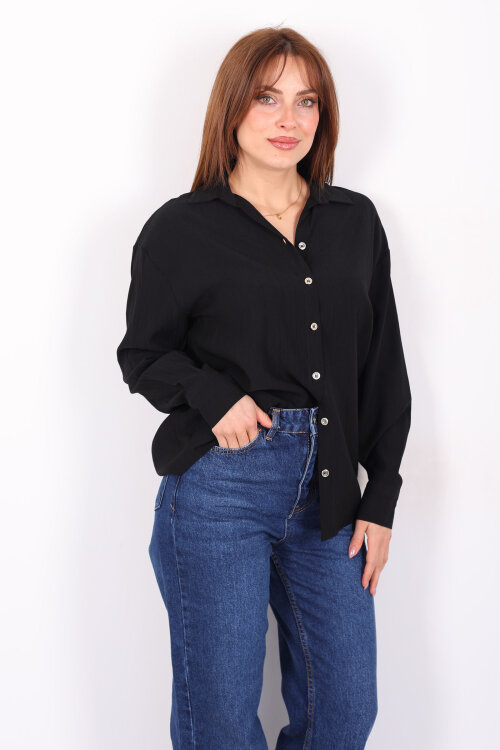 Düğmeli Dokulu Siyah Kadın Oversize Gömlek - 4