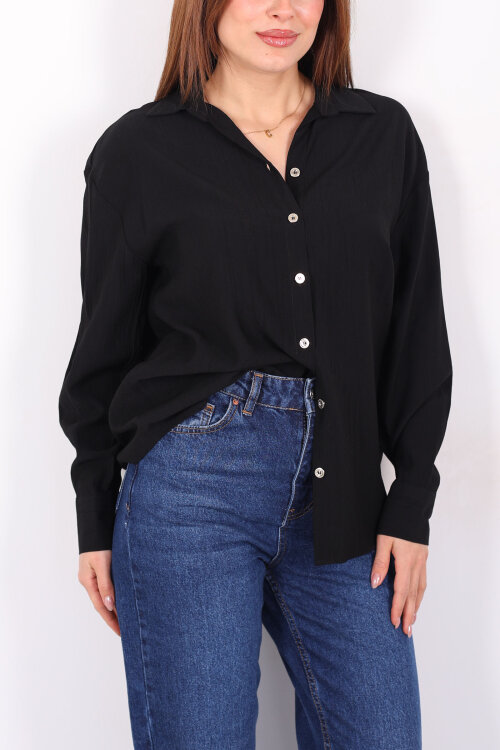 Düğmeli Dokulu Siyah Kadın Oversize Gömlek - Berox (1)