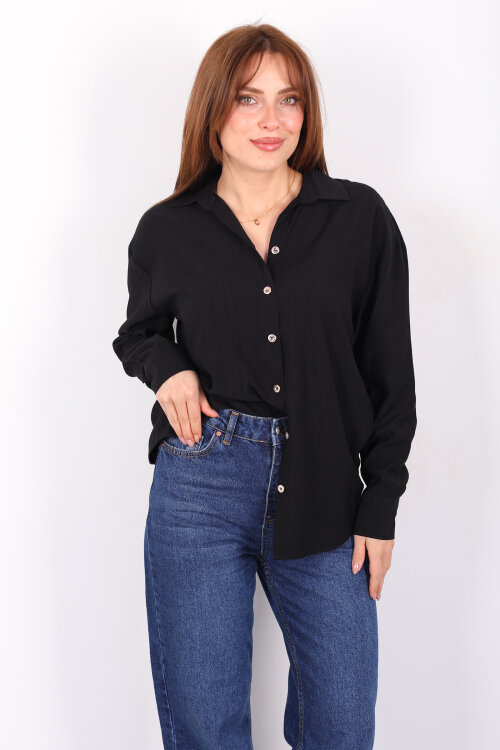 Düğmeli Dokulu Siyah Kadın Oversize Gömlek - 6