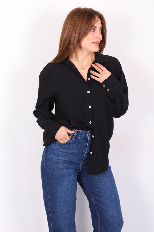 Düğmeli Dokulu Siyah Kadın Oversize Gömlek - Berox