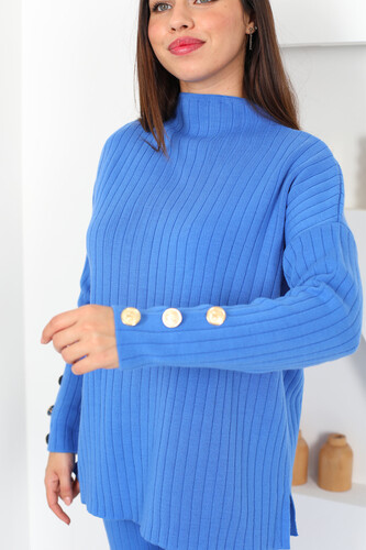 Düğmeli Fitilli Dik Yaka Mavi Kadın Triko Takım - 6