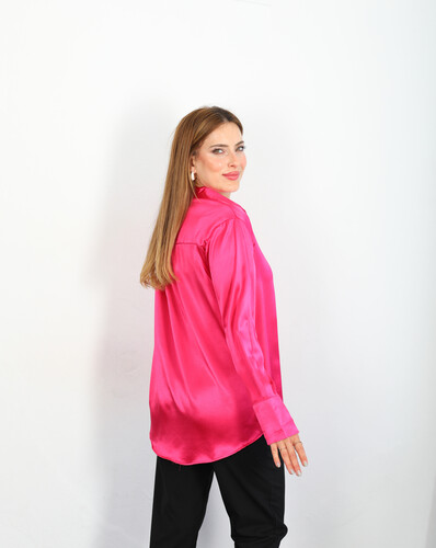 Düğmeli Fuşya Kadın Saten Gömlek - 4