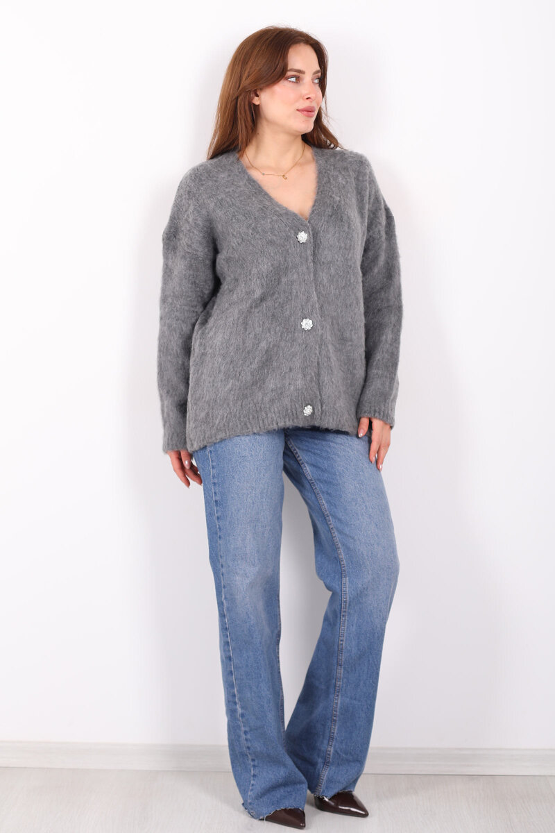 Düğmeli Kadın Antrasit Uzun Triko Hırka - 4