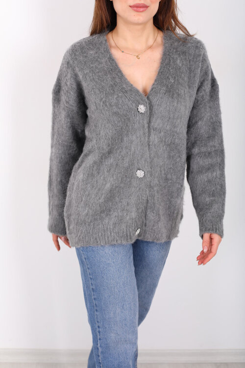 Düğmeli Kadın Antrasit Uzun Triko Hırka - Berox (1)