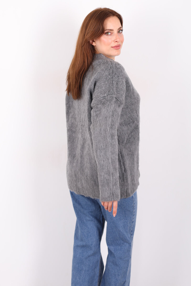 Düğmeli Kadın Antrasit Uzun Triko Hırka - 5