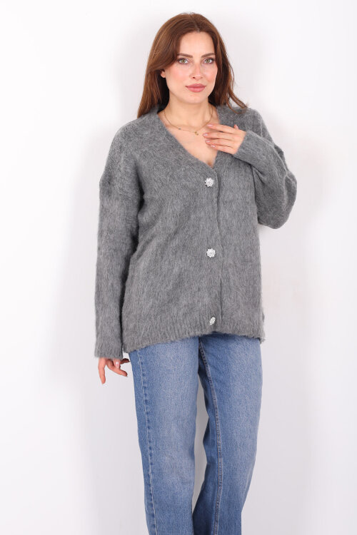 Düğmeli Kadın Antrasit Uzun Triko Hırka 