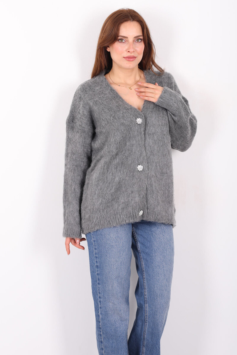 Düğmeli Kadın Antrasit Uzun Triko Hırka - 1