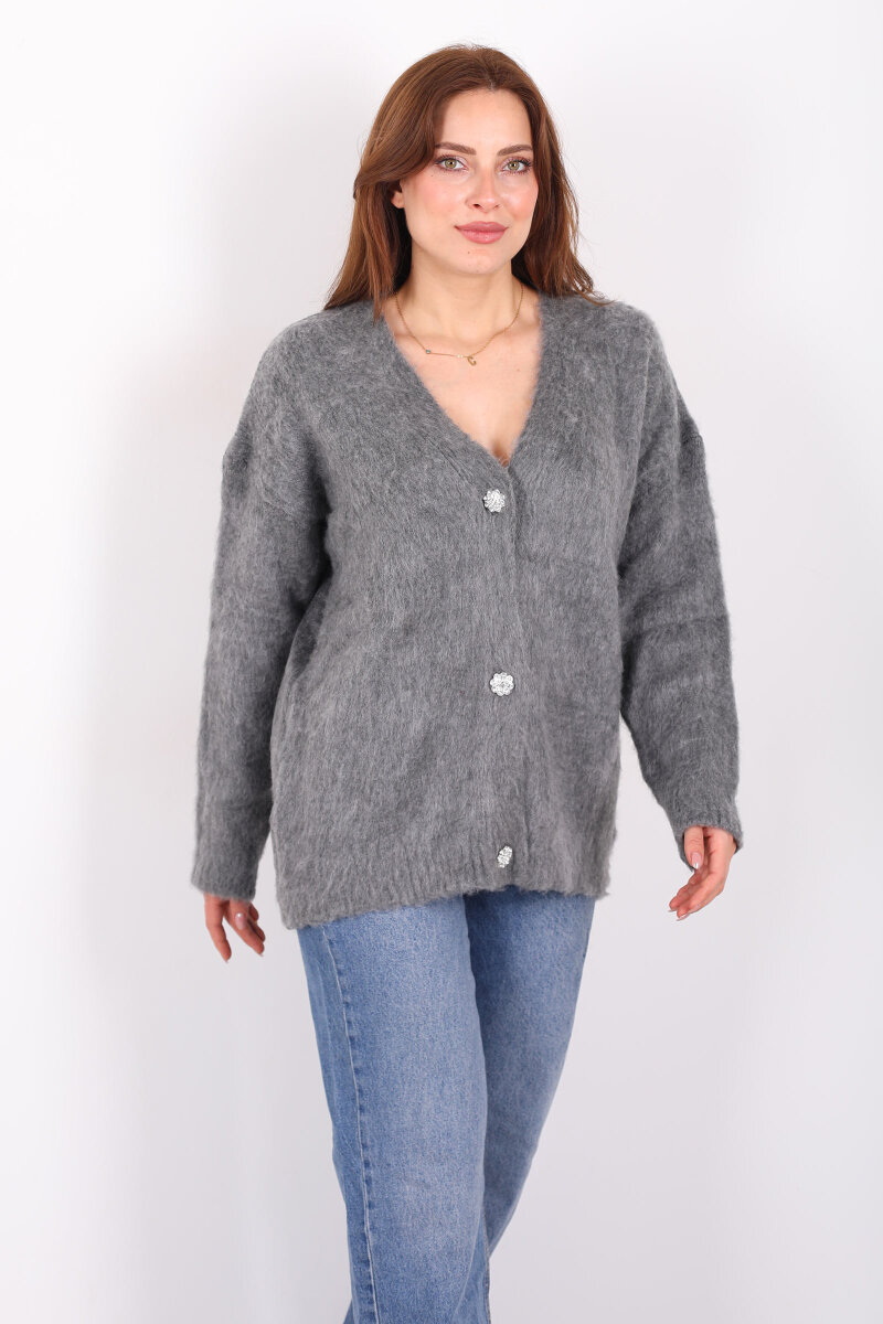 Düğmeli Kadın Antrasit Uzun Triko Hırka - 6