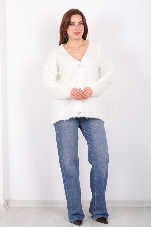 Düğmeli Kadın Beyaz Uzun Triko Hırka - 4