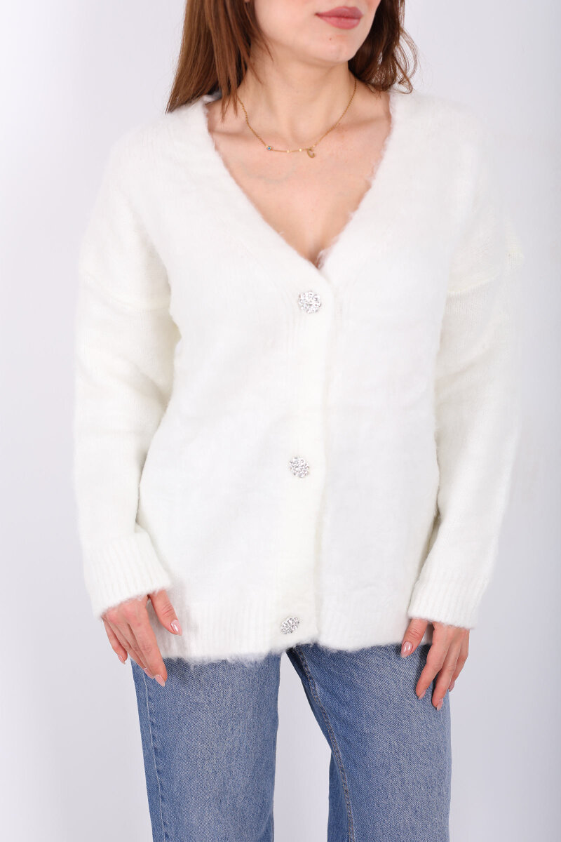 Düğmeli Kadın Beyaz Uzun Triko Hırka - 2