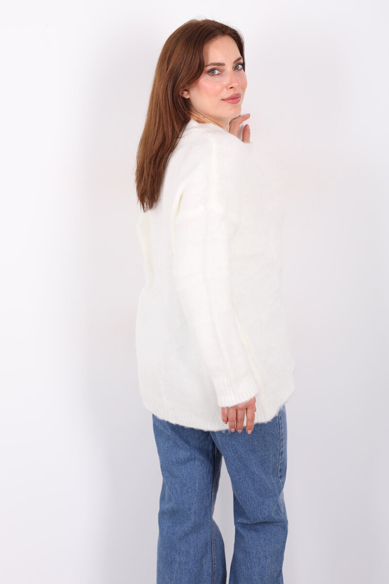 Düğmeli Kadın Beyaz Uzun Triko Hırka - 5