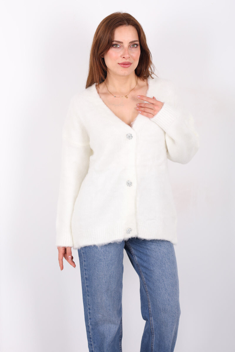 Düğmeli Kadın Beyaz Uzun Triko Hırka - 6