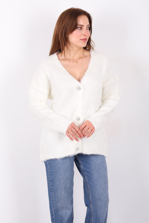 Düğmeli Kadın Beyaz Uzun Triko Hırka 