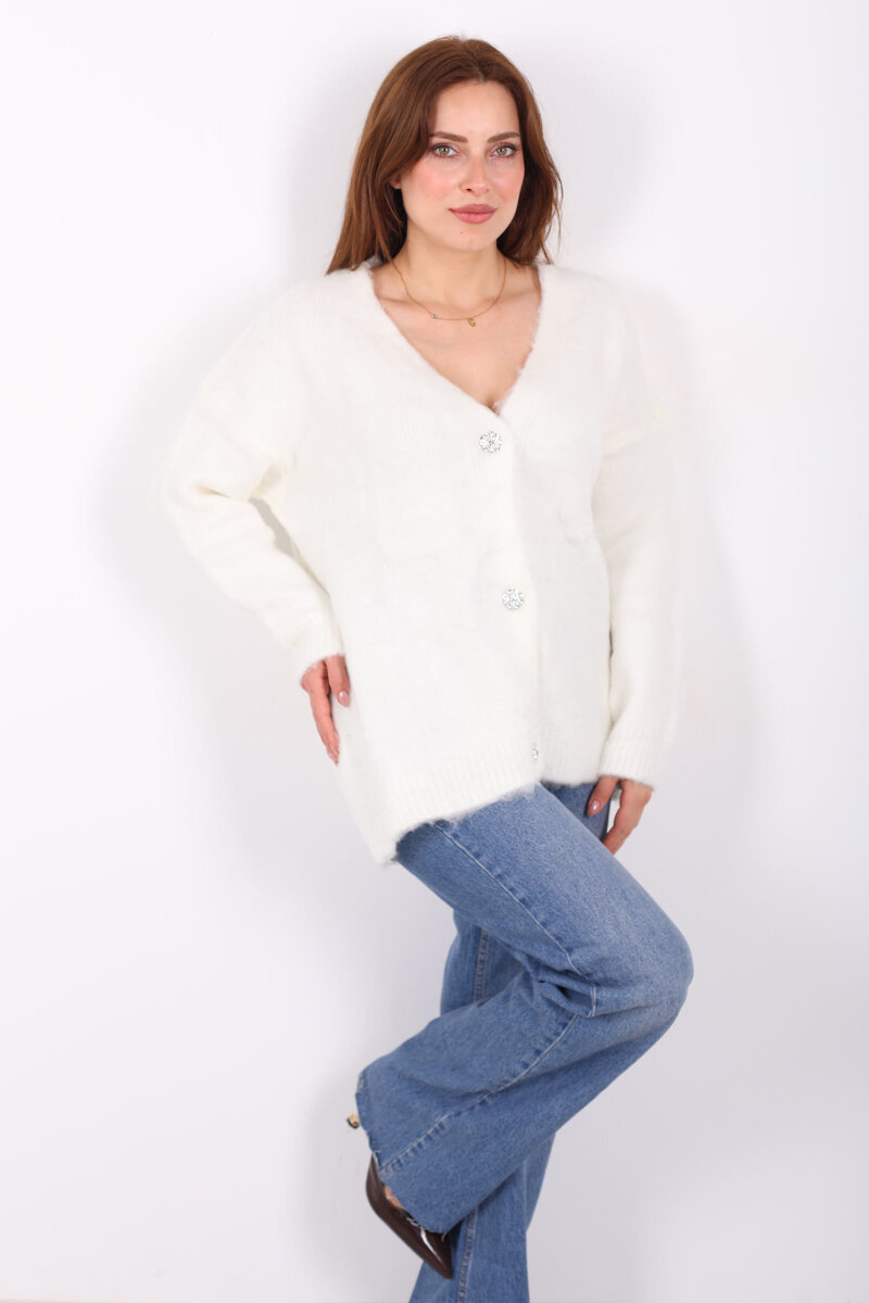 Düğmeli Kadın Beyaz Uzun Triko Hırka - 3