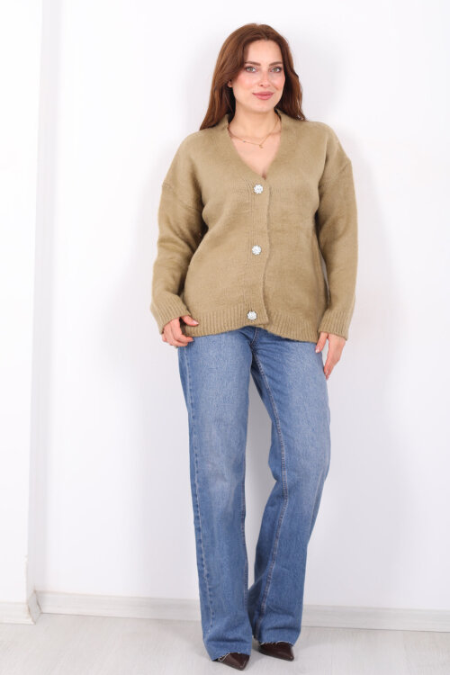 Düğmeli Kadın Haki Uzun Triko Hırka - 4