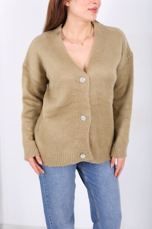 Düğmeli Kadın Haki Uzun Triko Hırka - Berox (1)