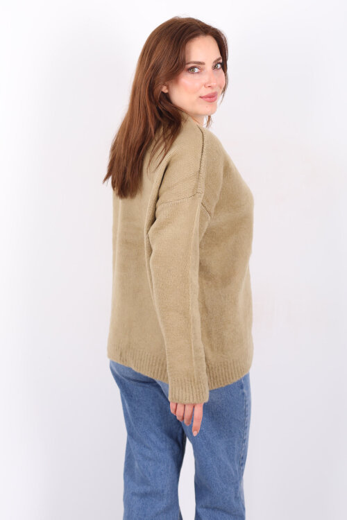 Düğmeli Kadın Haki Uzun Triko Hırka - 6