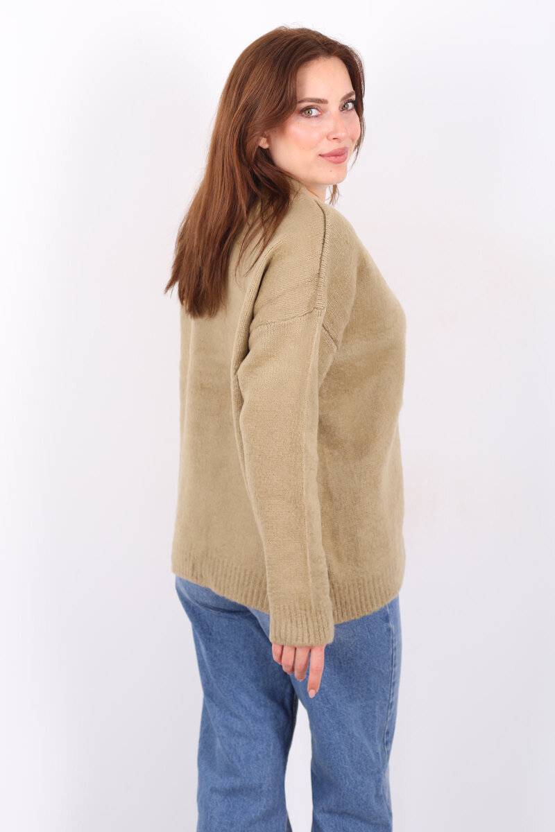 Düğmeli Kadın Haki Uzun Triko Hırka - 6