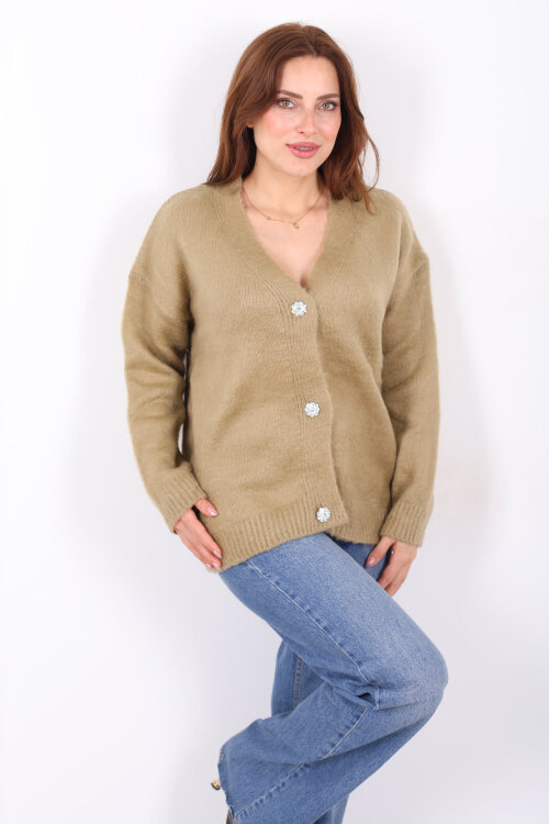 Düğmeli Kadın Haki Uzun Triko Hırka - 5