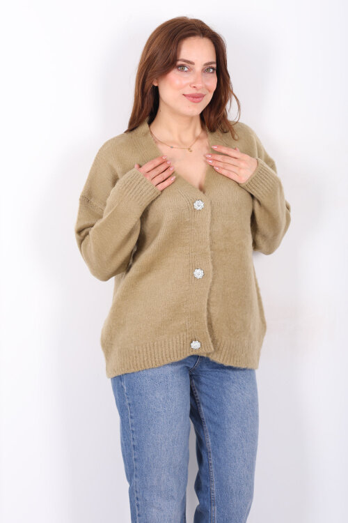 Düğmeli Kadın Haki Uzun Triko Hırka - 3