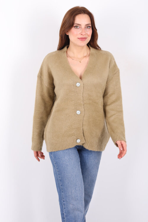 Düğmeli Kadın Haki Uzun Triko Hırka - 7