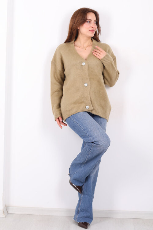 Düğmeli Kadın Haki Uzun Triko Hırka - Berox