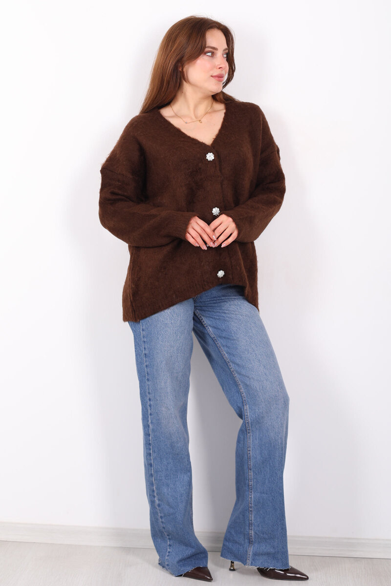 Düğmeli Kadın Kahverengi Uzun Triko Hırka - 3