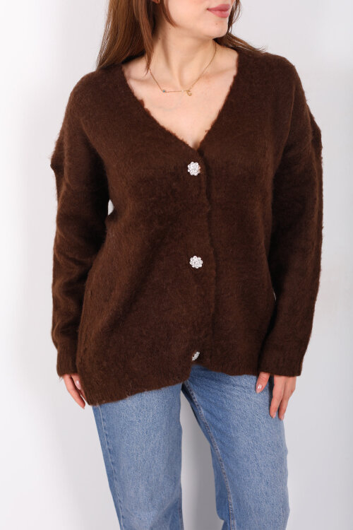 Düğmeli Kadın Kahverengi Uzun Triko Hırka - Berox (1)