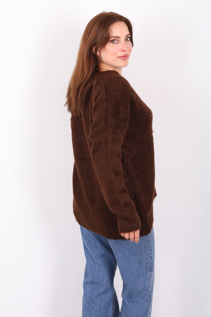 Düğmeli Kadın Kahverengi Uzun Triko Hırka - 5